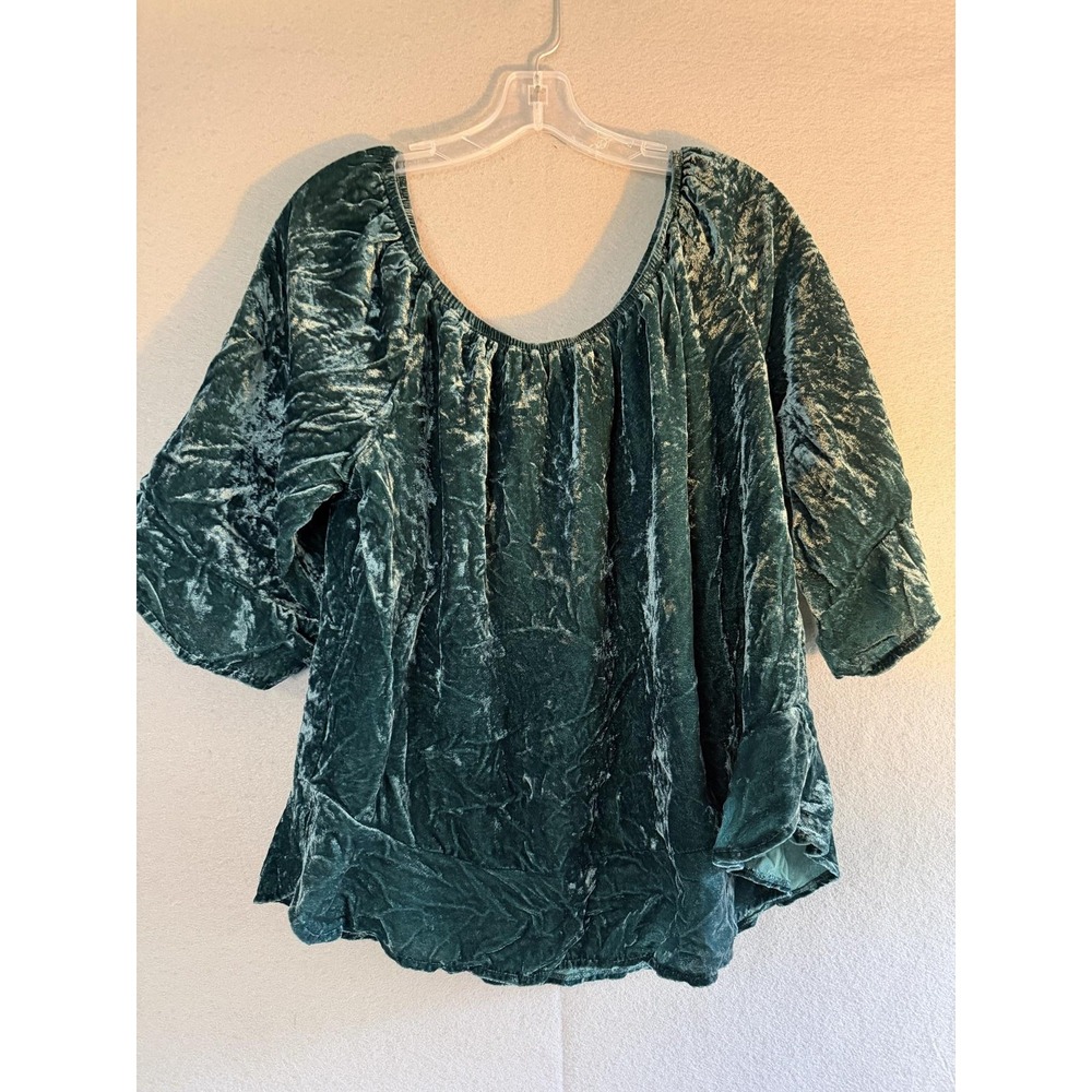 Democracy Blouse Womens 1X Green Crushed Velvet Scoop Neck Tunic Top 3/4 Sleeve